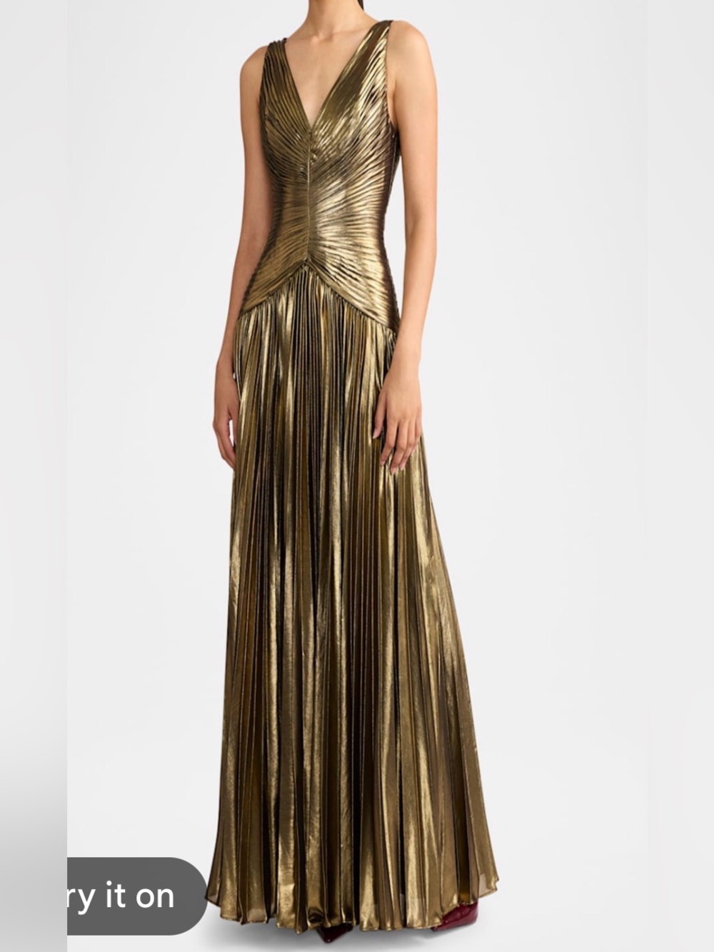 Zac Posen Metallic Gold Pleated V-Neck Maxi Gown